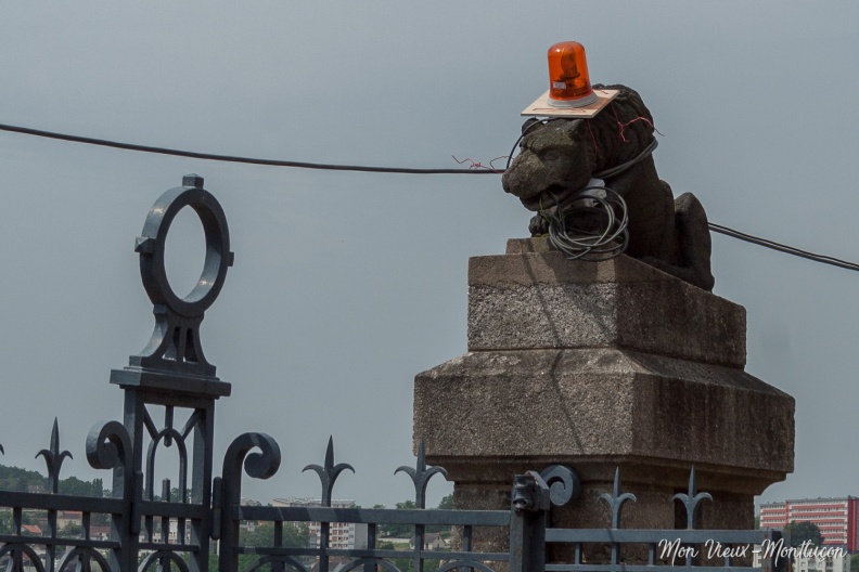 Château des ducs de Bourbon : un des deux lions de la grande entrée vandalisé par les services techniques de la ville 0214_vieux-chateau_lion-girophare.jpg