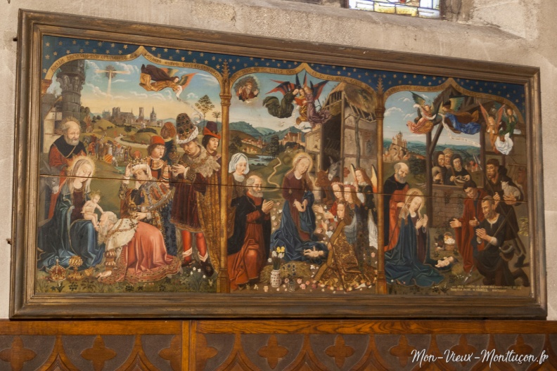 Église Saint-Pierre, chapelle de la Vierge : La Nativité , panneau de bois peint par le montluçonnais Maurice Vignier (1900-1928) 0337_saint-pierre_eglise_panneau-nativite_vignier.jpg